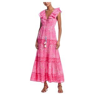 450$ Bell Ines Tassel Fit Flare Maxi Dress Flutter Sleeve SZ L Psychedelic Pink
